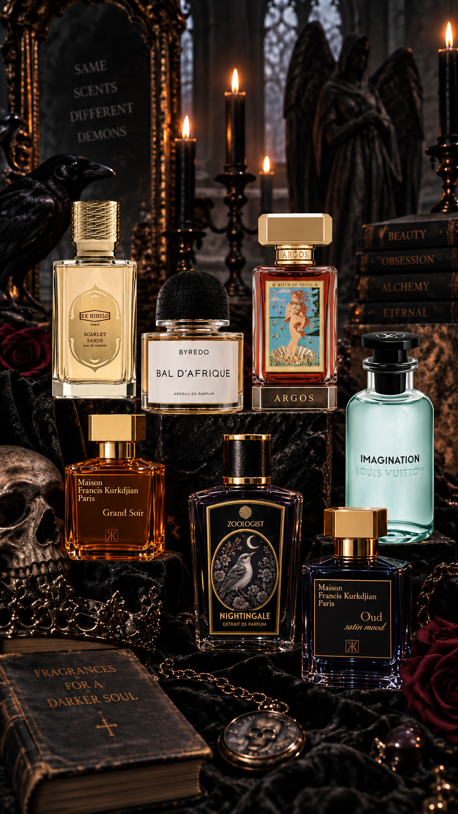 A gothic fragrance collection arranged among candles, roses, and antique books