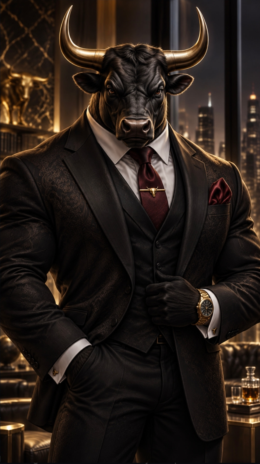 A sharply dressed bull in a luxurious nighttime interior